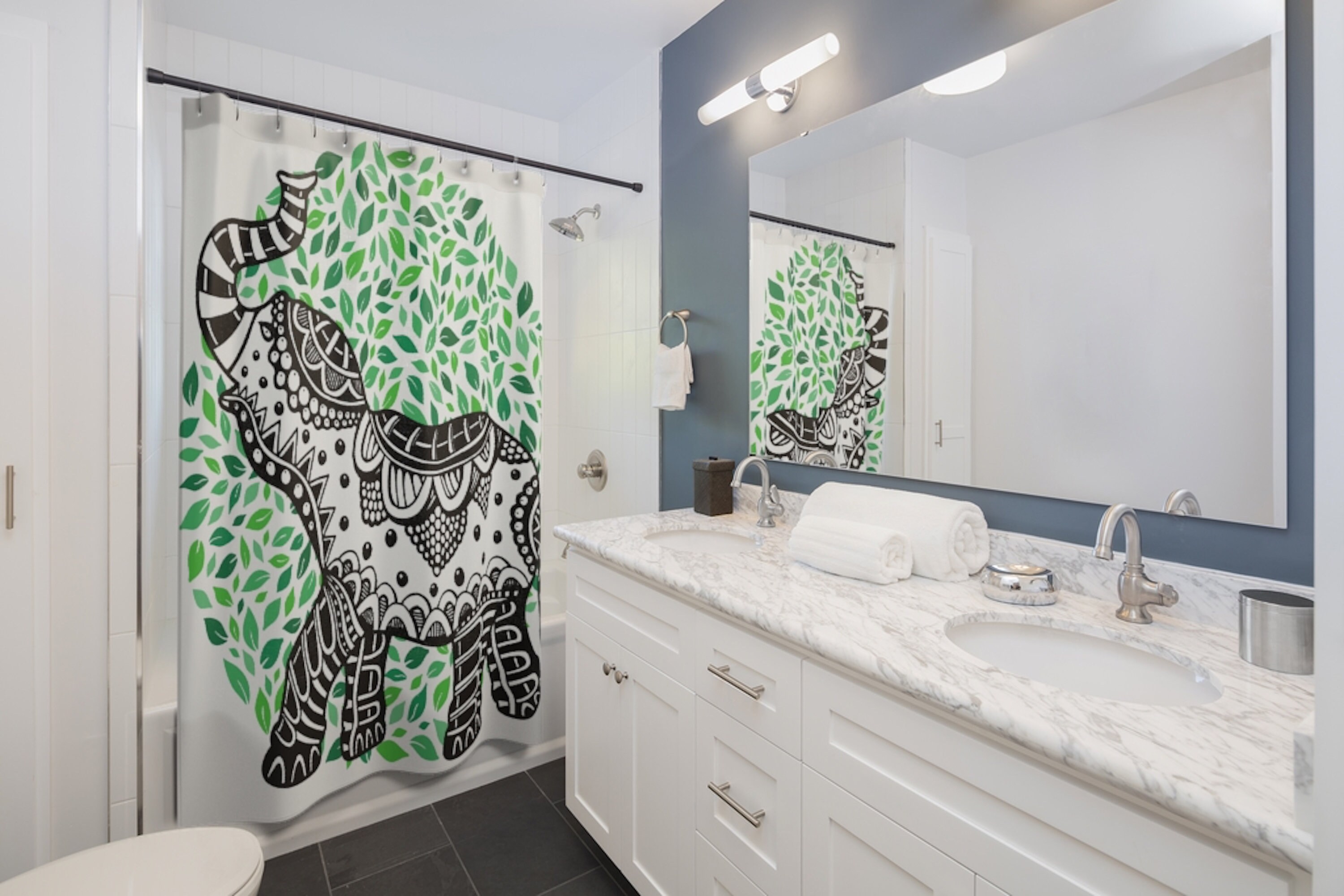 Earth Day Elephants Green Environment Shower Curtain - Hand Drawn Waterproof Fabric Bath Curtain - Image 3