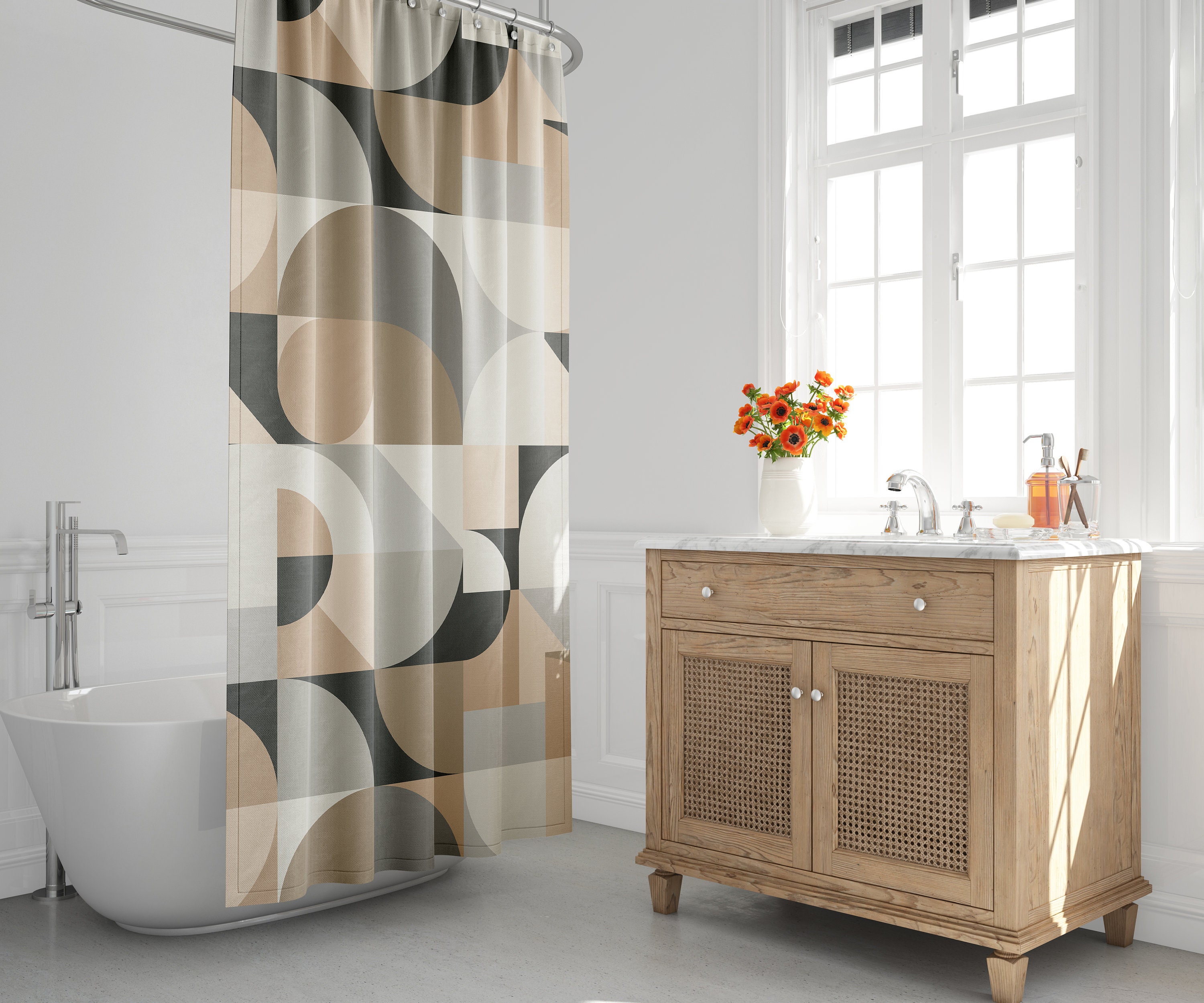 Earth Grey Geometric Mid-Century Shower Curtain For Minimalist Bath Decor