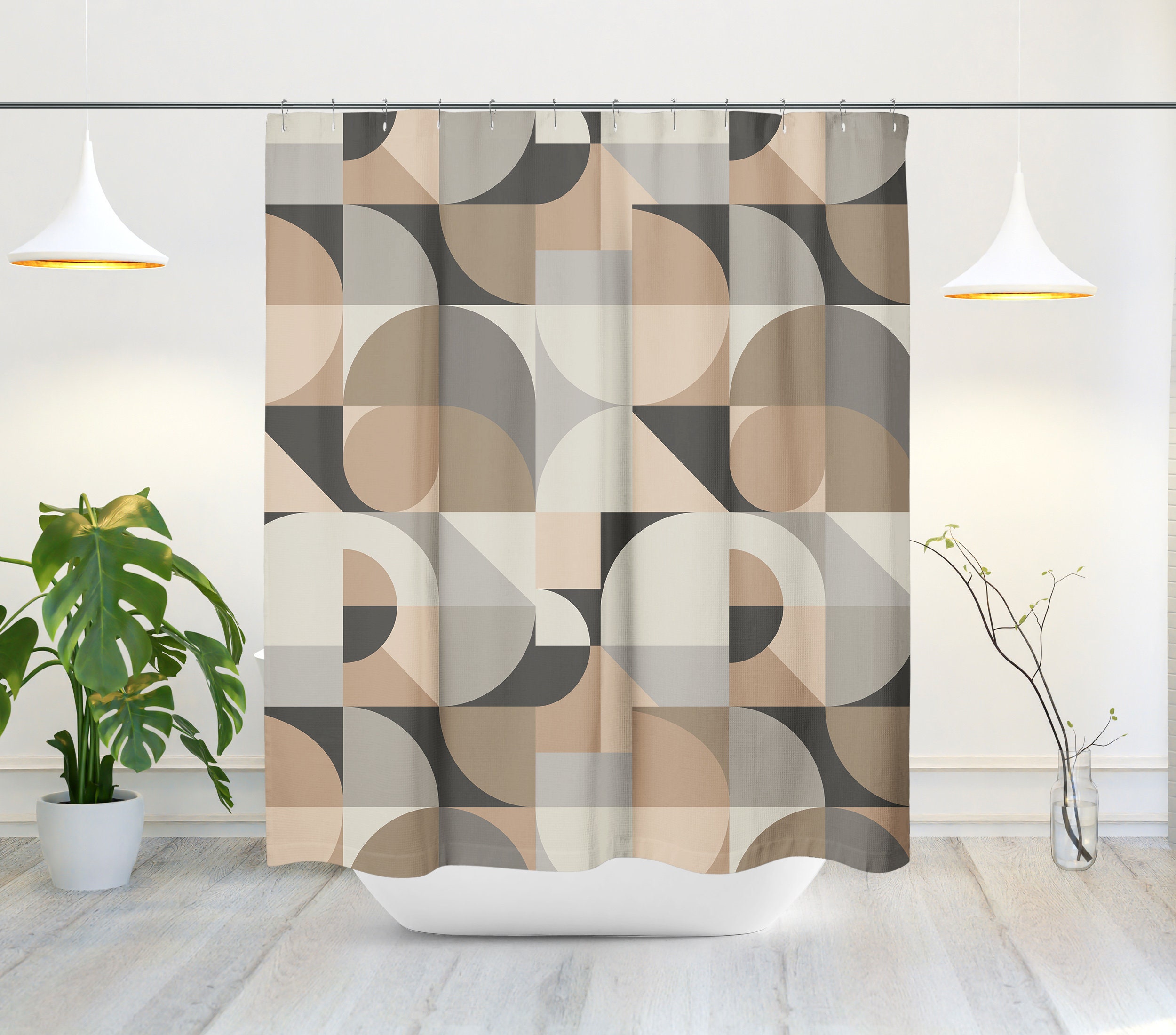 Earth Grey Geometric Mid-Century Shower Curtain For Minimalist Bath Decor - Image 2