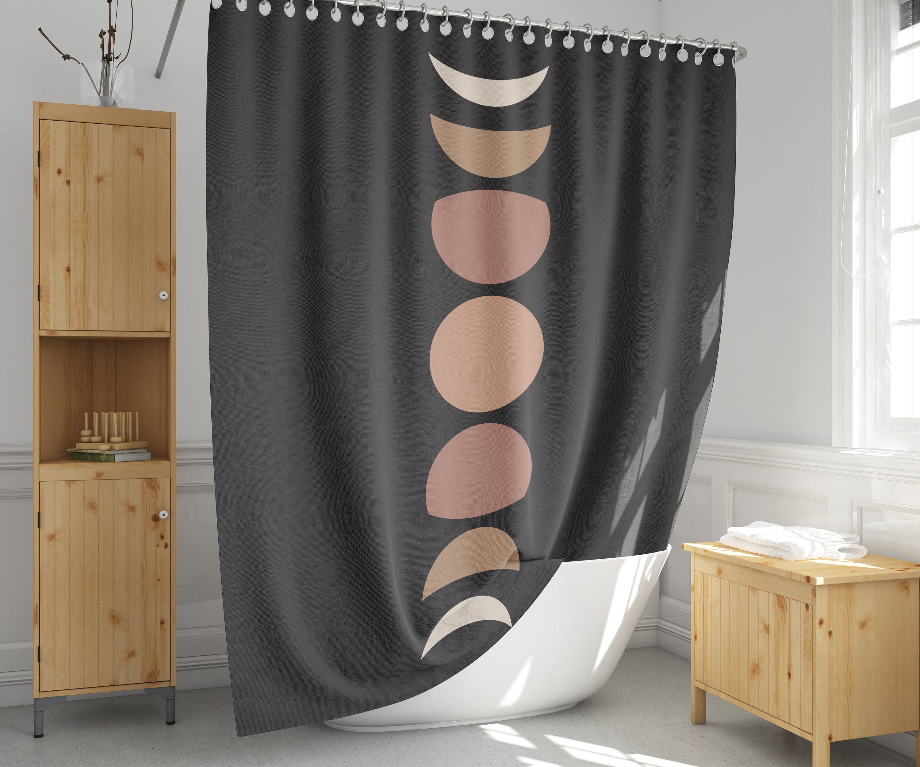 Earth Tone Moon Phase Shower Curtain: Modern Boho Bathroom Decor