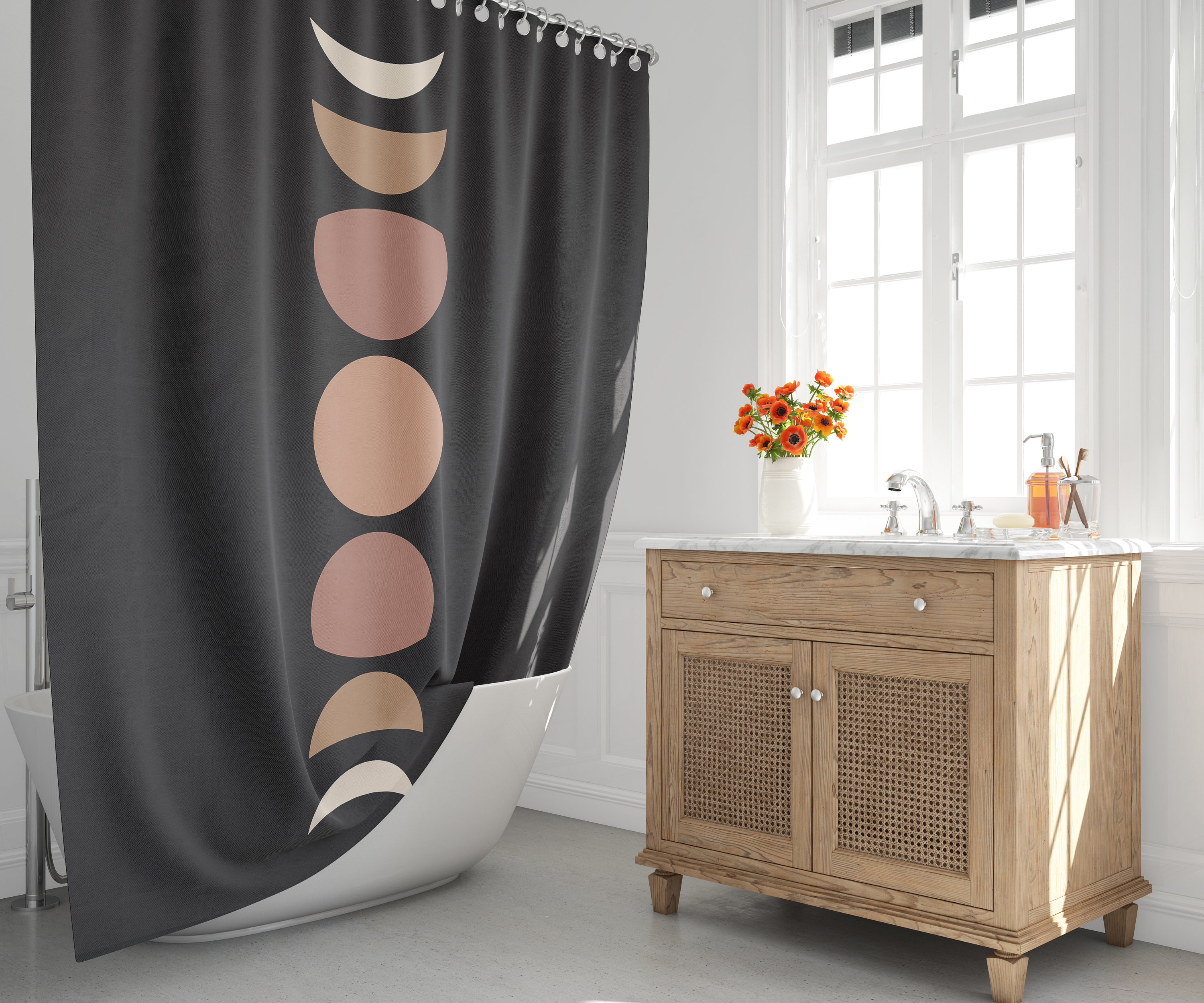 Earth Tone Moon Phase Shower Curtain: Modern Boho Bathroom Decor