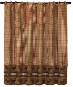 Earth Tones Bayfield Moose Houndstooth Print Shower Curtain For Rustic Cabin Bathroom Decor