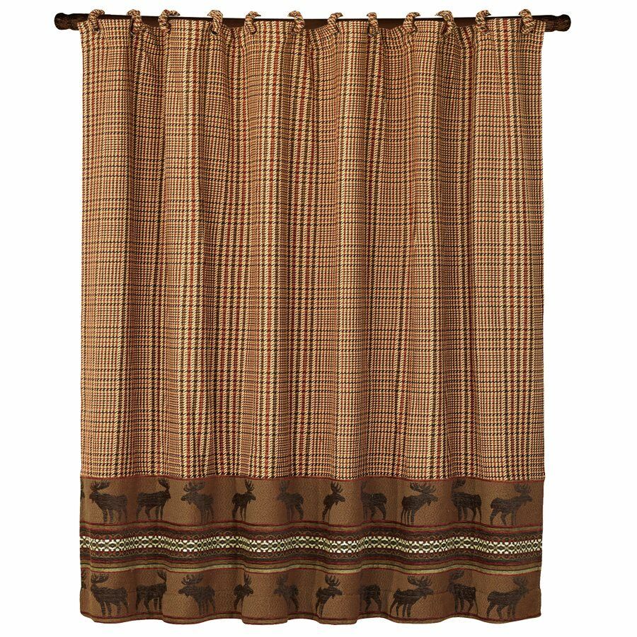 Earth Tones Bayfield Moose Houndstooth Print Shower Curtain For Rustic Cabin Bathroom Decor