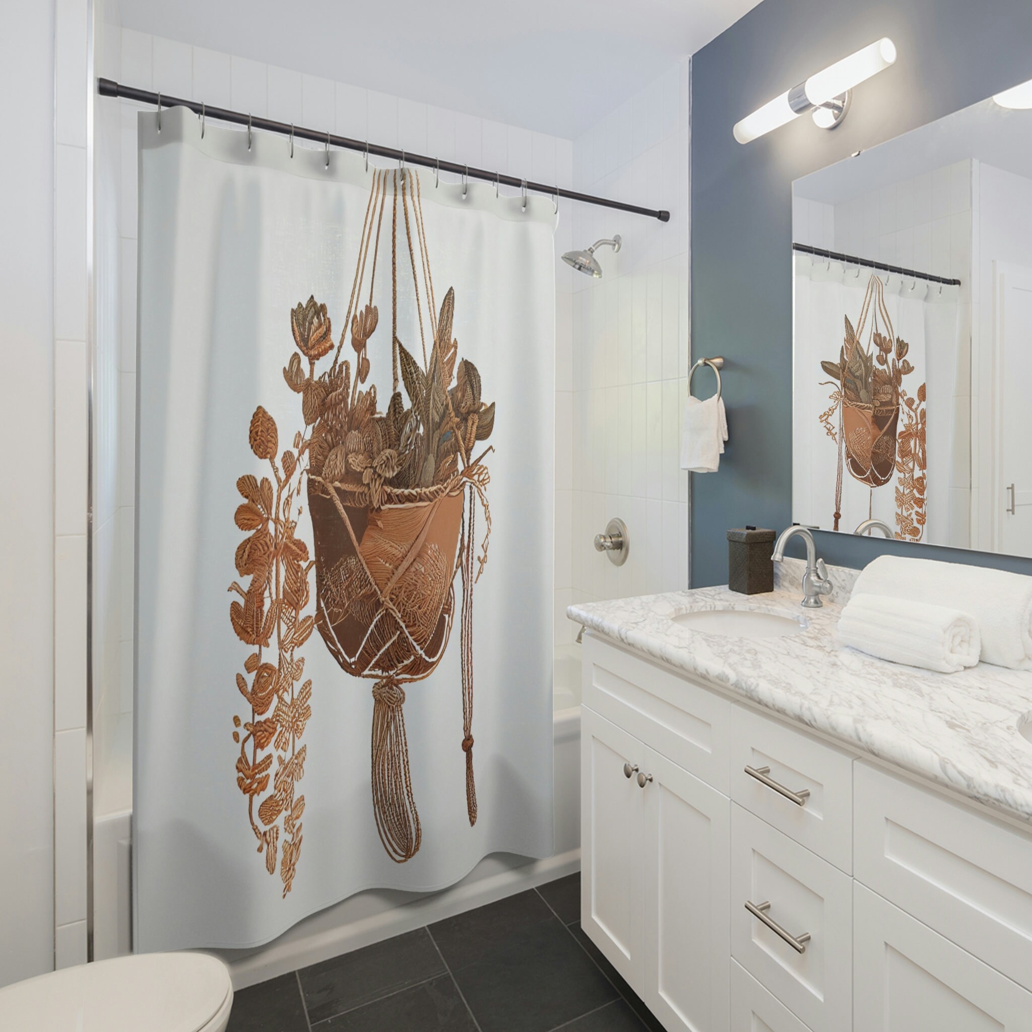 Earthy Rustic Style Macrame Oasis Shower Curtain - Add a Touch of Southwestern Desert Aesthetic to Your Boho Bathroom.