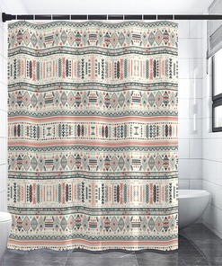 Earthy-Toned Boho Shower Curtain With Intricate Ethnic Pattern.