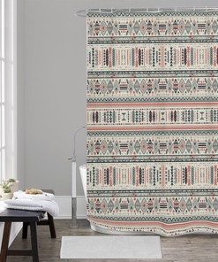 Earthy-Toned Boho Shower Curtain With Intricate Ethnic Pattern.