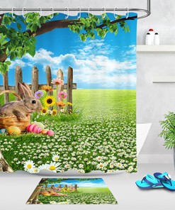Easter Bunny And Floral Green Grass Shower Curtain For Bathroom