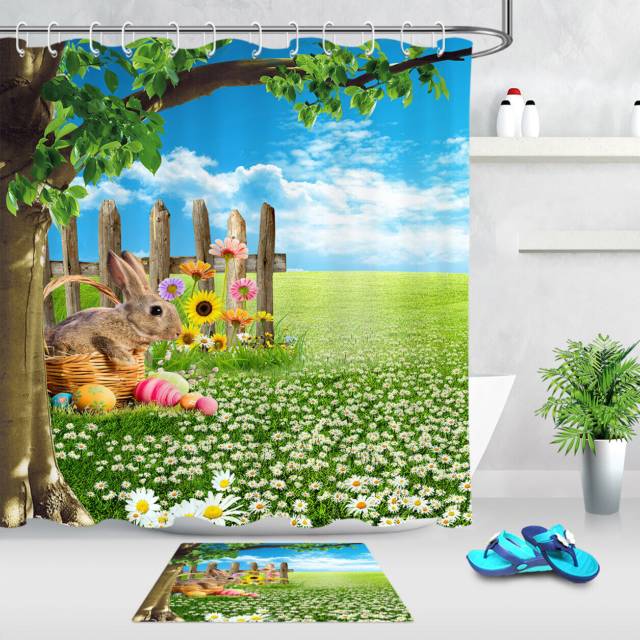 Easter Bunny And Floral Green Grass Shower Curtain For Bathroom