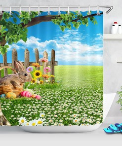 Easter Bunny And Floral Green Grass Shower Curtain For Bathroom