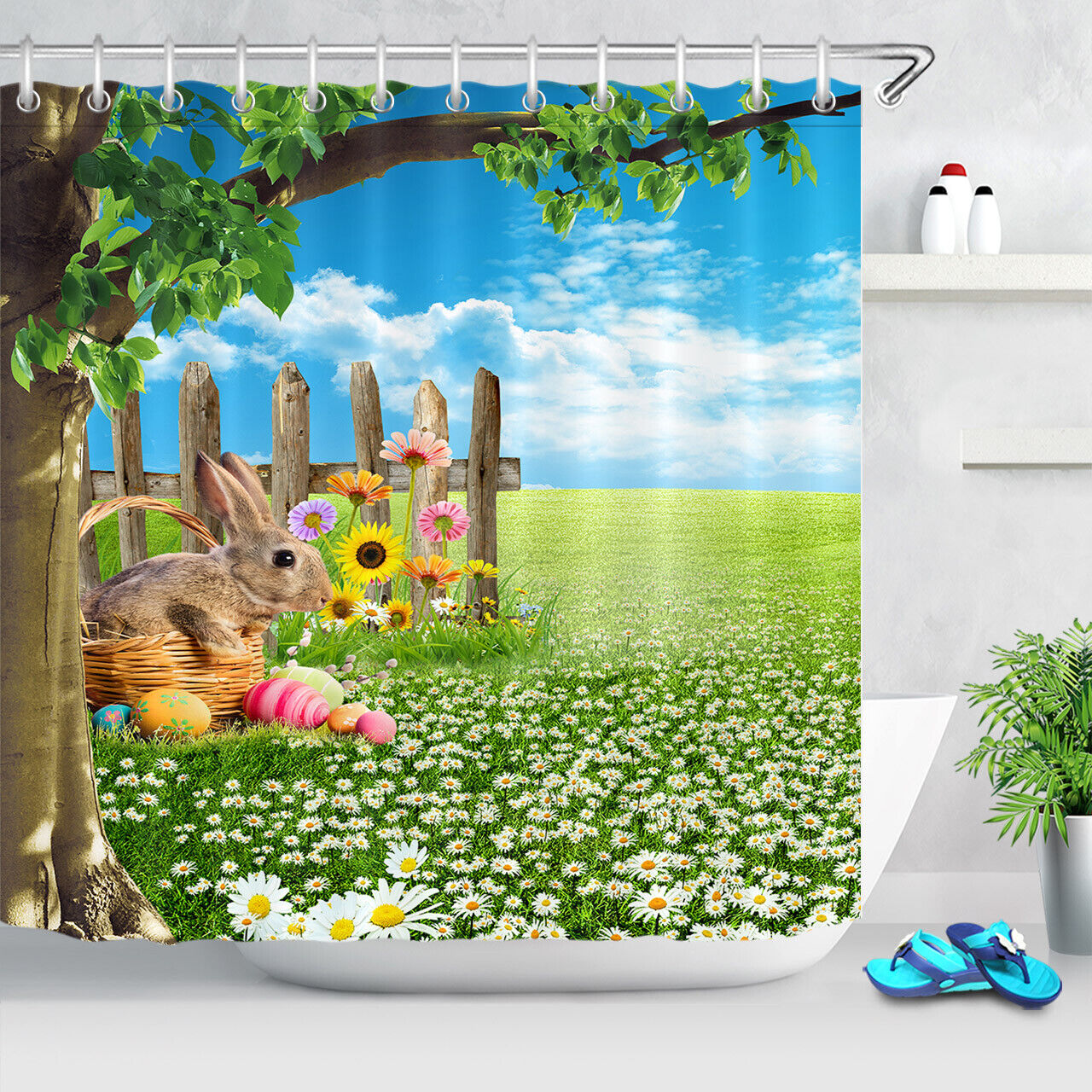 Easter Bunny And Floral Green Grass Shower Curtain For Bathroom