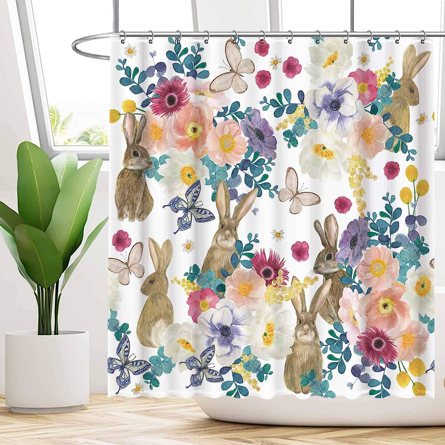 Easter Bunny And Flower Print Shower Curtain For A Fun And Festive Bathroom