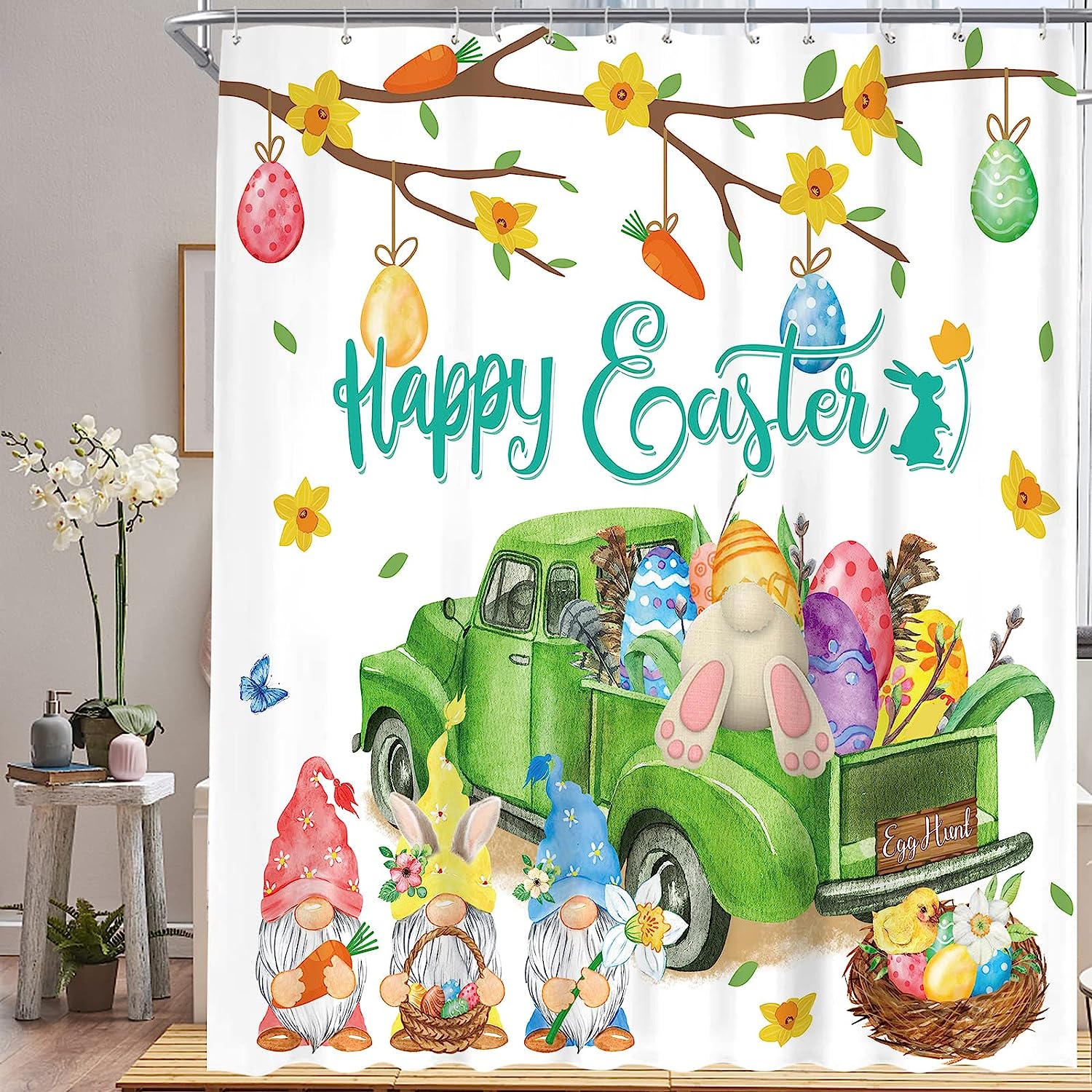 Easter Bunny And Gnomes With Bunny Eggs And Tulips Shower Curtain For Home Decor