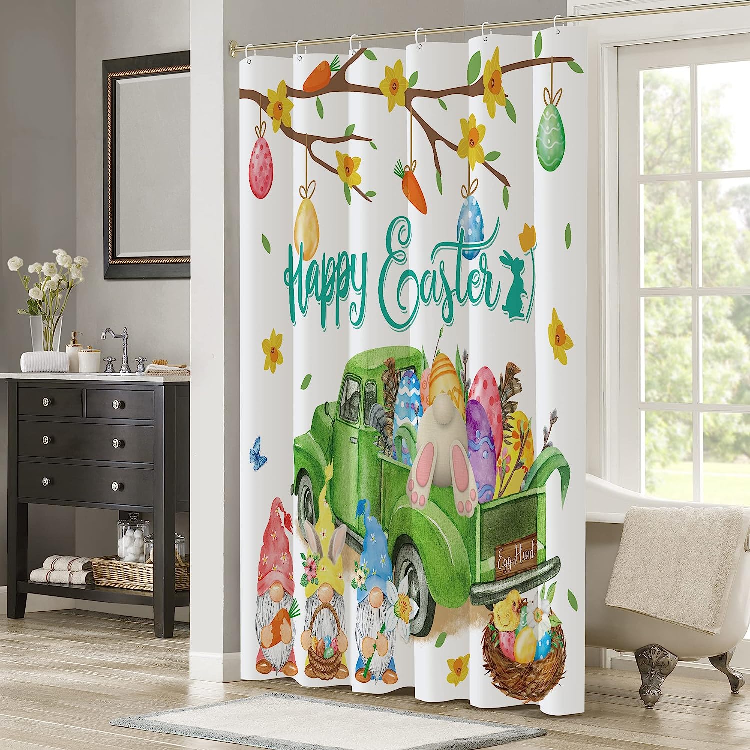 Easter Bunny And Gnomes With Bunny Eggs And Tulips Shower Curtain For Home Decor