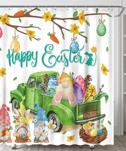 Easter Bunny And Gnomes With Bunny Eggs And Tulips Shower Curtain For Home Decor