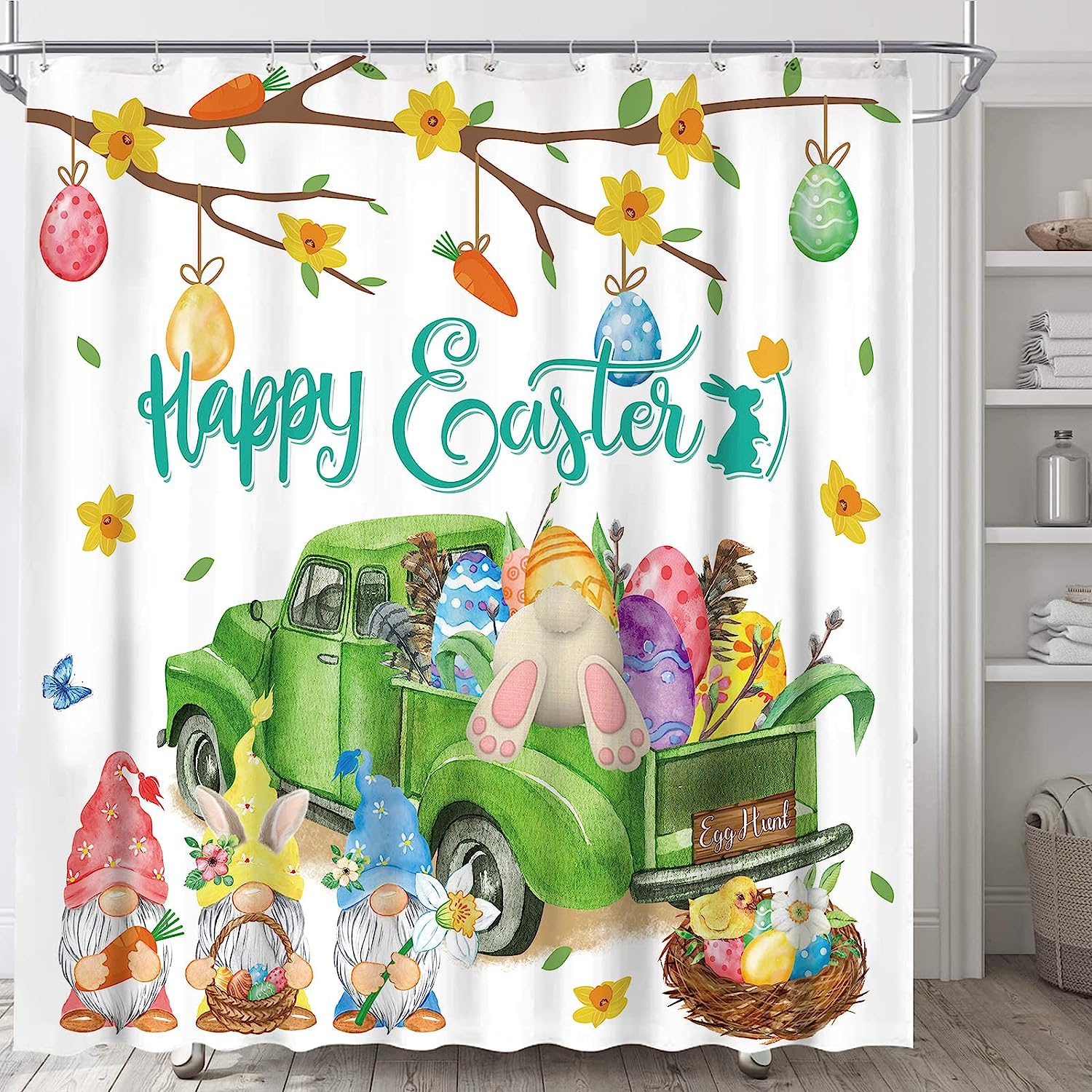 Easter Bunny And Gnomes With Bunny Eggs And Tulips Shower Curtain For Home Decor