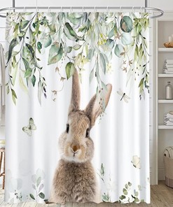 Easter Bunny Butterfly Foliage Decoration Shower Curtain for Bathroom 