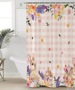 Easter Bunny Cartoon Rabbit Shower Curtain - Green Grassland Bathroom Decor