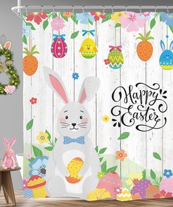 Easter Bunny Cartoon Shower Curtain With Cute Eggs Rabbit Funny Happy Wooden Floral Leaves