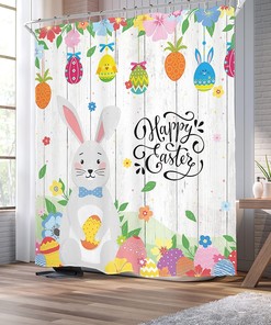 Easter Bunny Cartoon Shower Curtain With Cute Eggs Rabbit Funny Happy Wooden Floral Leaves