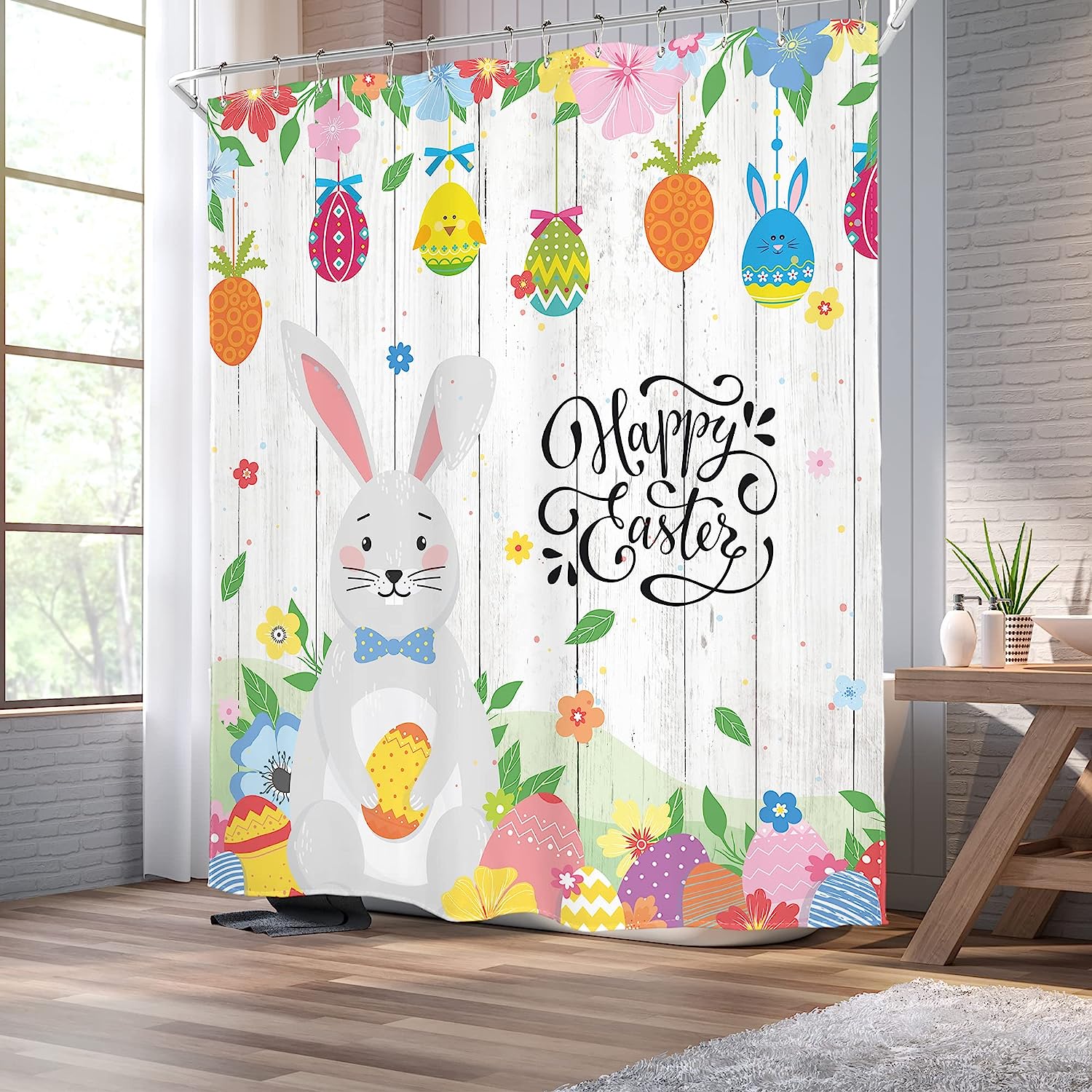 Easter Bunny Cartoon Shower Curtain With Cute Eggs Rabbit Funny Happy Wooden Floral Leaves