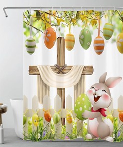 Easter Bunny Colorful Egg And Yellow Flower On White Fabric Shower Curtain With Curtain Full Size