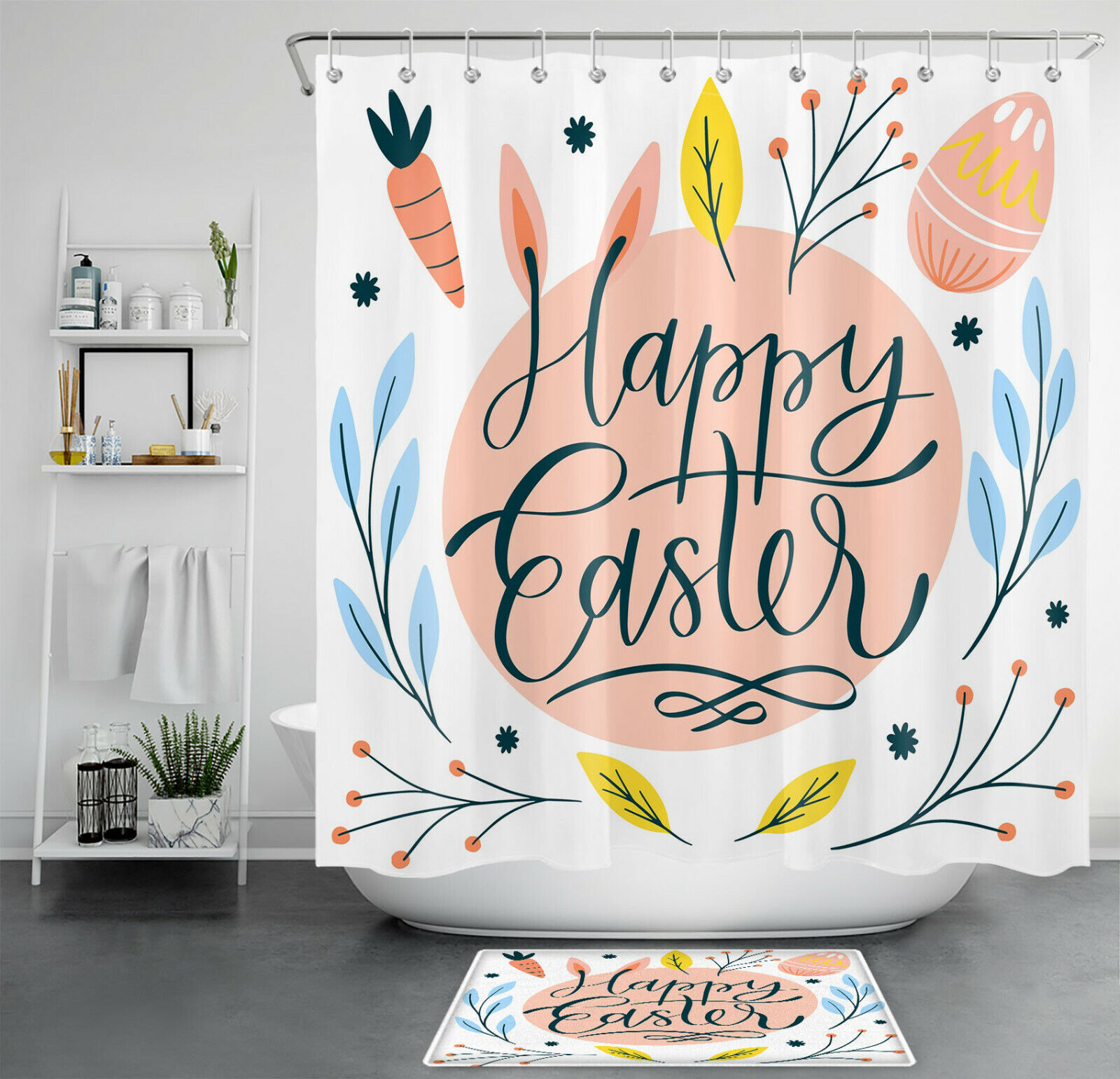 Easter Bunny Ears and Leaves Shower Curtain with Egg-citing Springtime Designs