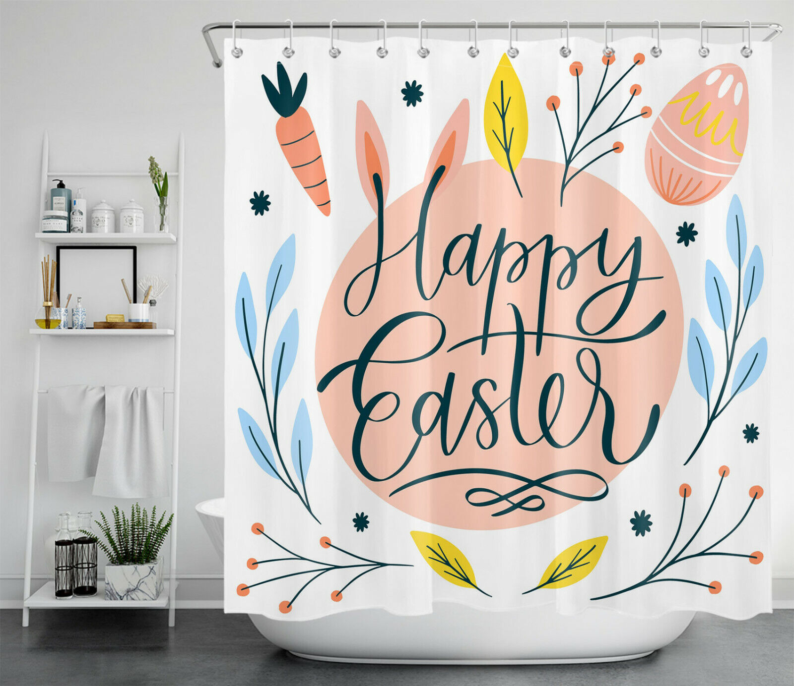 Easter Bunny Ears and Leaves Shower Curtain with Egg-citing Springtime Designs