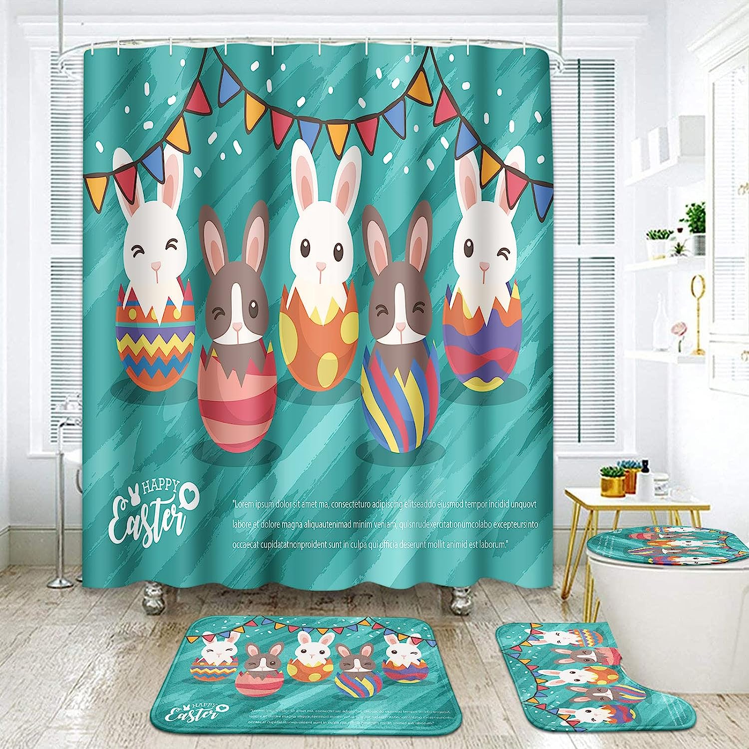 Easter Bunny Egg Shower Curtain | Blue Cute Bathroom Decor