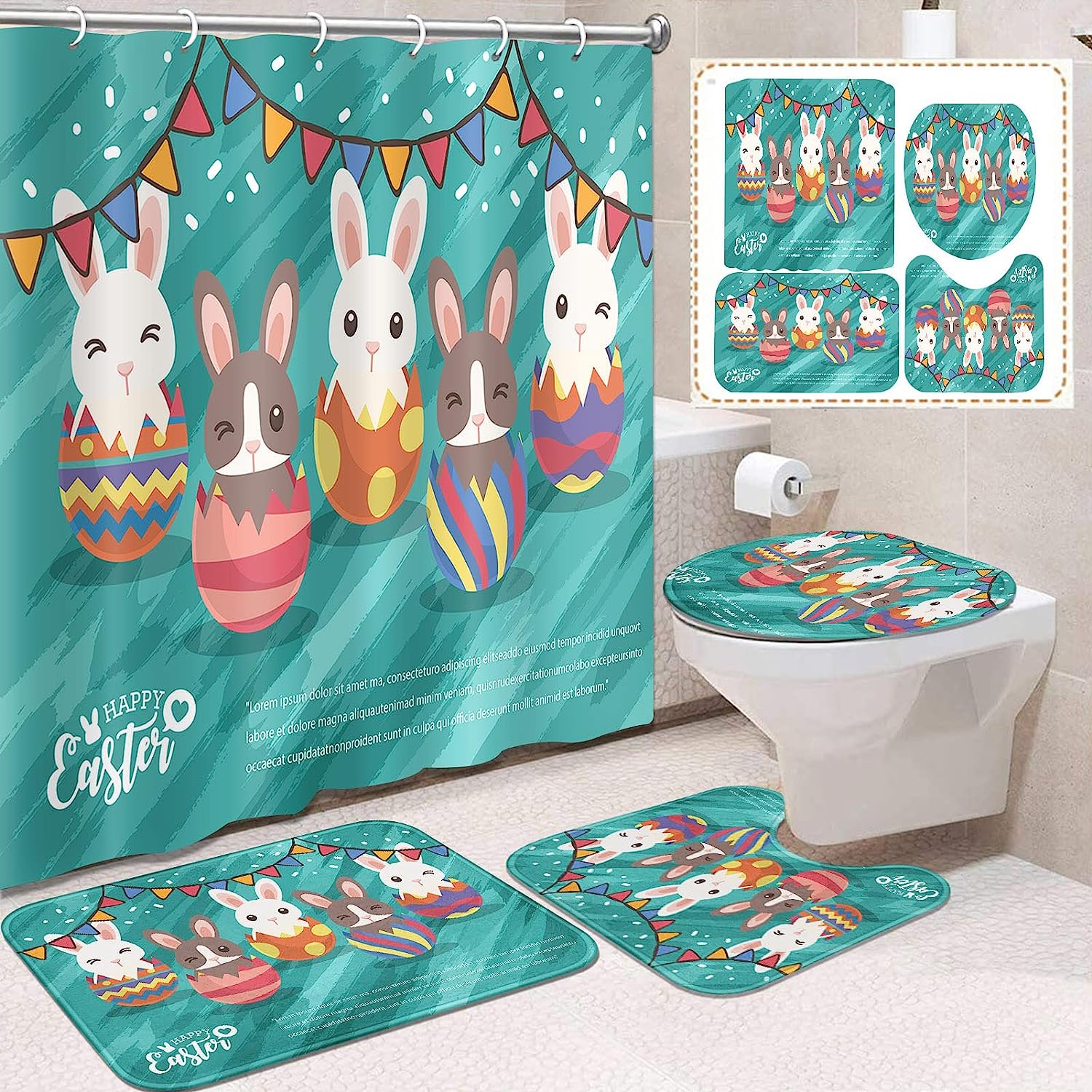 Easter Bunny Egg Shower Curtain | Blue Cute Bathroom Decor - Image 2