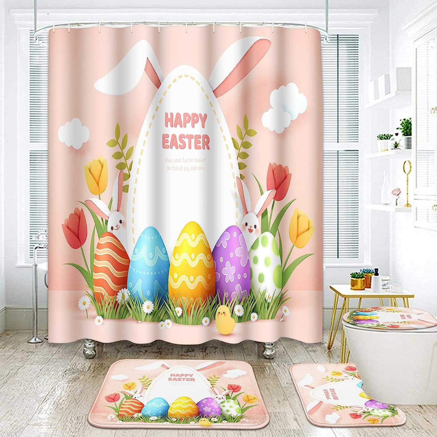Easter Bunny Egg Shower Curtain | Pink Cute Bathroom Decor