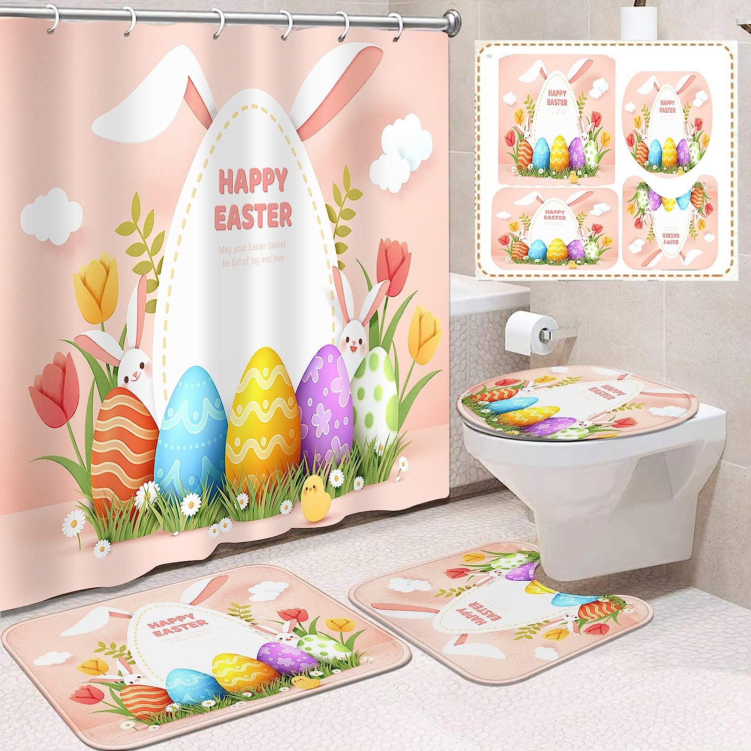 Easter Bunny Egg Shower Curtain | Pink Cute Bathroom Decor - Image 2