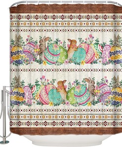 Easter Bunny Egg Shower Curtain - Spring Floral Rustic Southwest Wooden Waterproof Fabric Bathroom Decor
