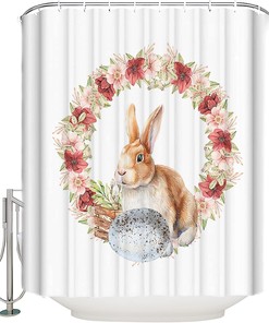 Easter Bunny Egg Shower Curtain - Standard Spring Floral Watercolor Flowers Wreath Waterproof Fabric Bathroom Accessory