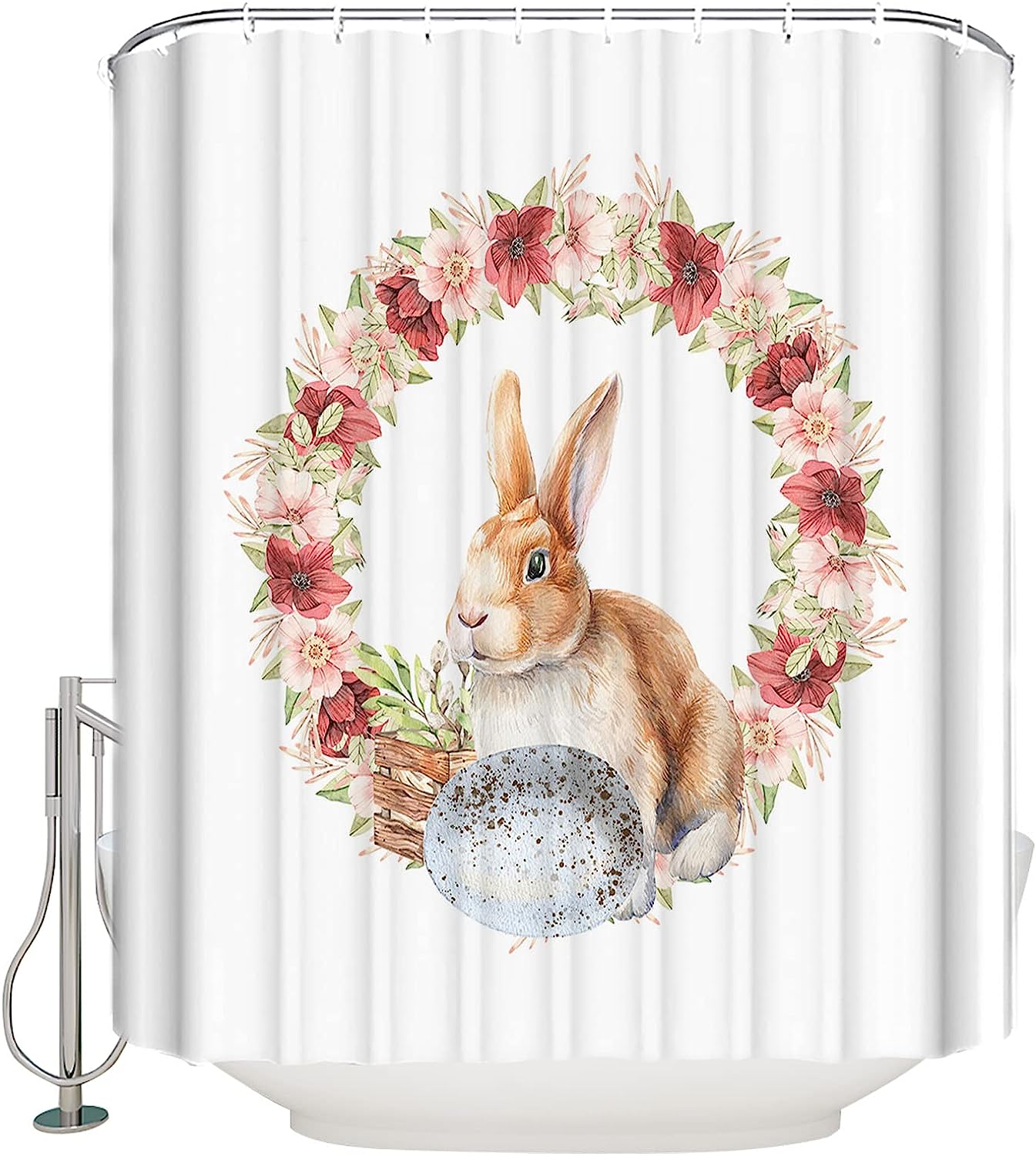 Easter Bunny Egg Shower Curtain - Standard Spring Floral Watercolor Flowers Wreath Waterproof Fabric Bathroom Accessory