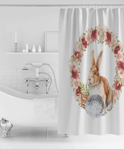 Easter Bunny Egg Shower Curtain - Standard Spring Floral Watercolor Flowers Wreath Waterproof Fabric Bathroom Accessory