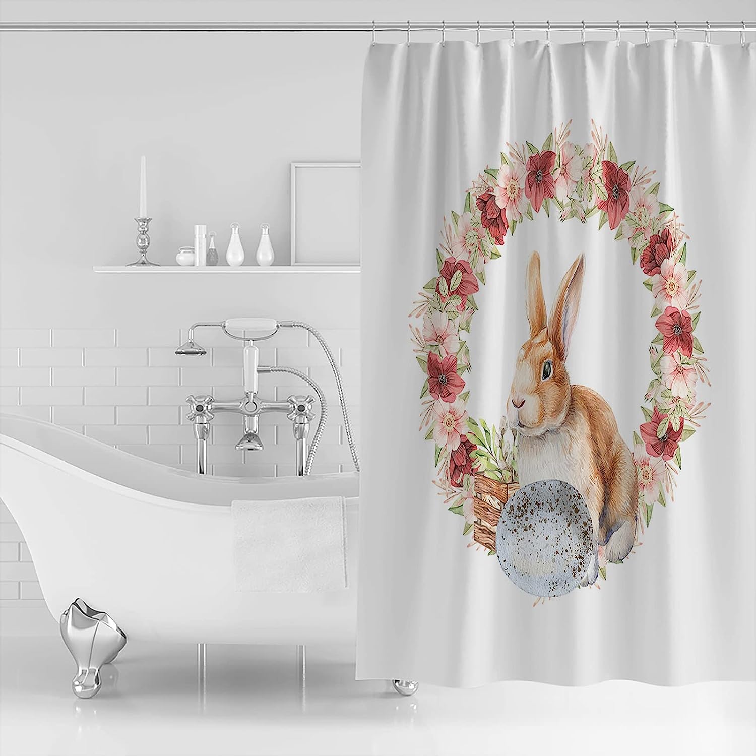Easter Bunny Egg Shower Curtain - Standard Spring Floral Watercolor Flowers Wreath Waterproof Fabric Bathroom Accessory