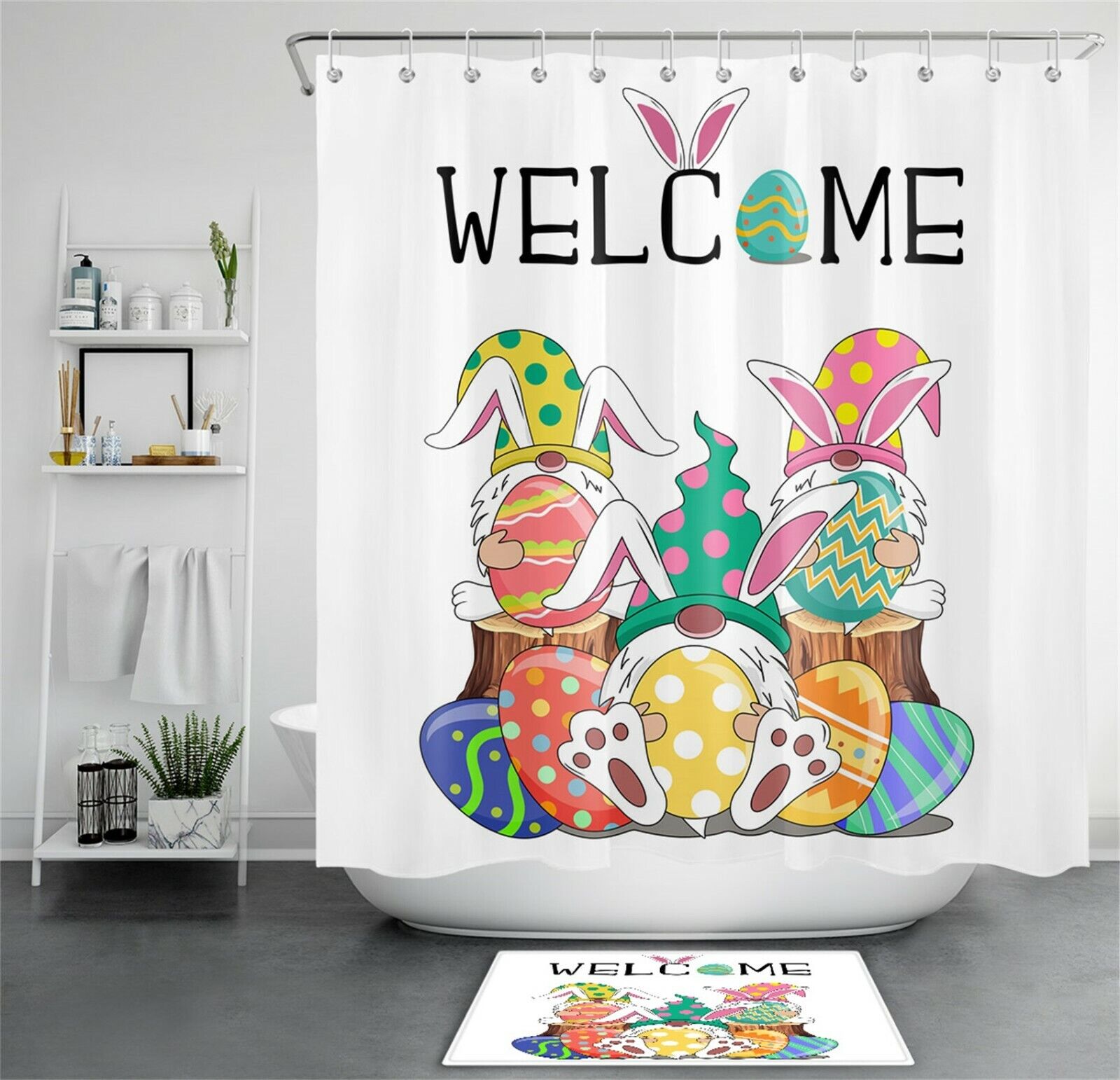 Easter Bunny Eggs Shower Curtain - Cute Bunny Gnome Bathroom Decor