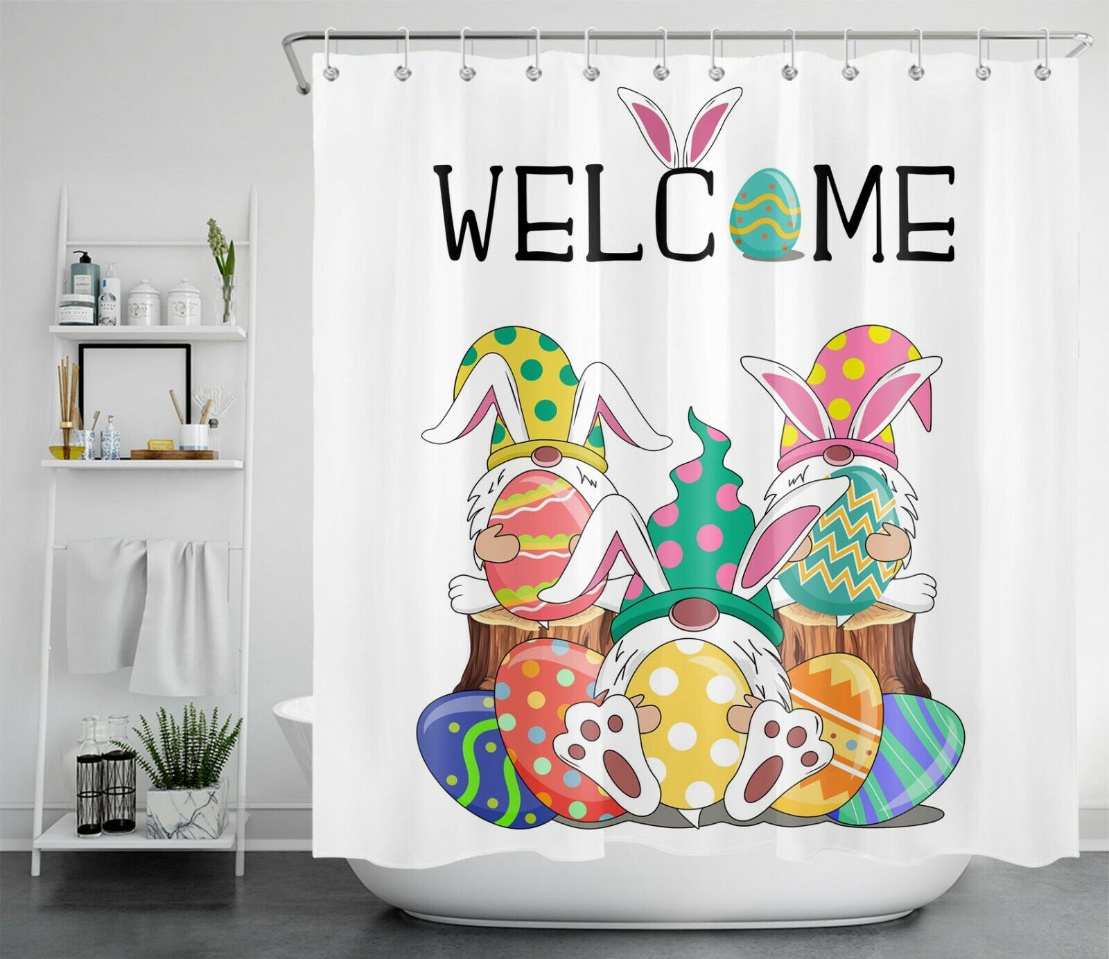Easter Bunny Eggs Shower Curtain - Cute Bunny Gnome Bathroom Decor - Image 2