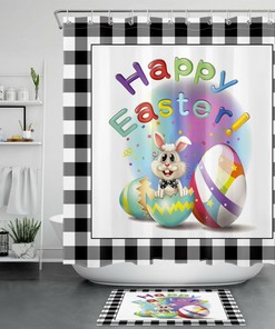 Easter Bunny Farmhouse Buffalo Plaid Shower Curtain With Cute Bunny Egg