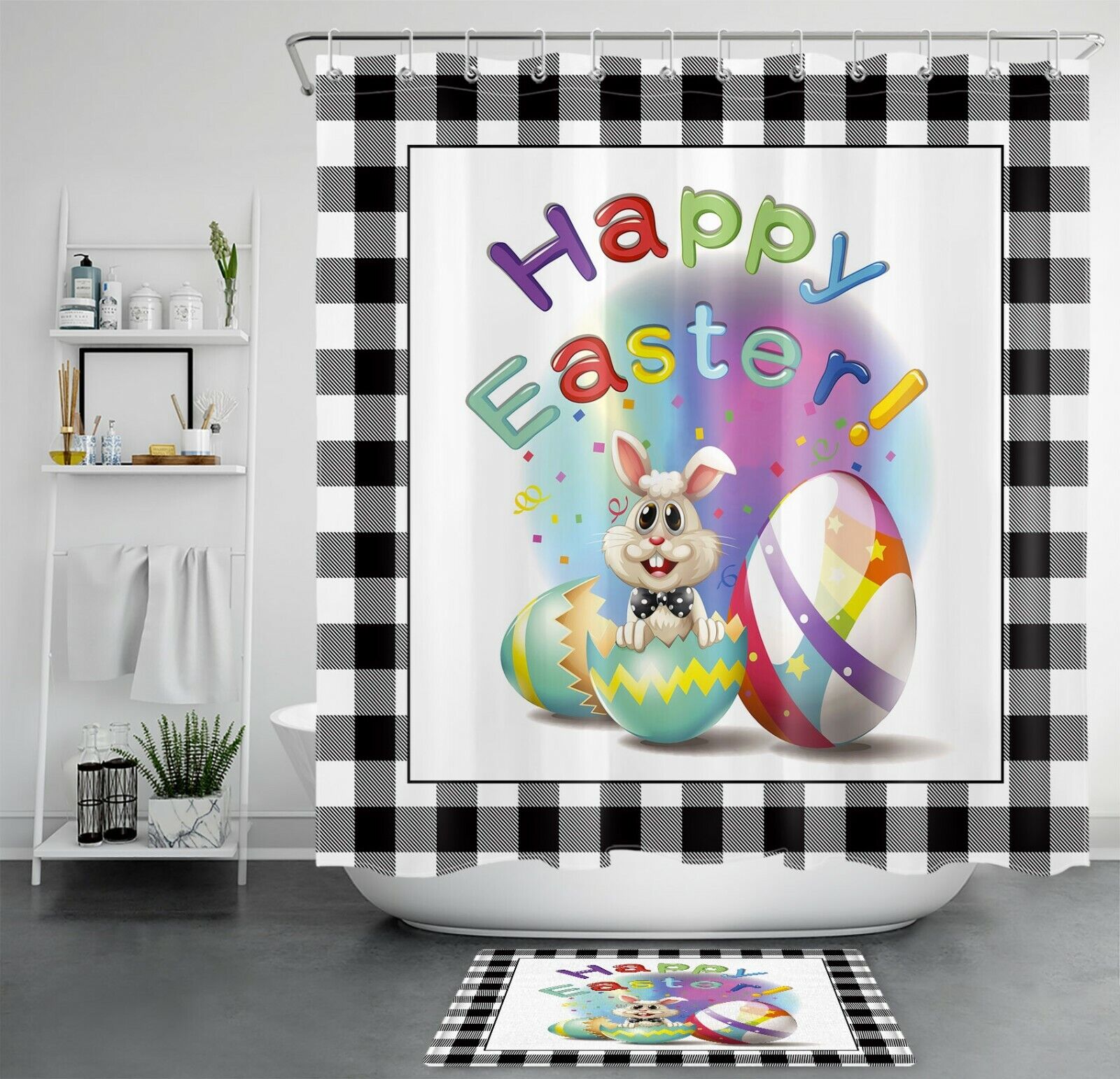 Easter Bunny Farmhouse Buffalo Plaid Shower Curtain With Cute Bunny Egg