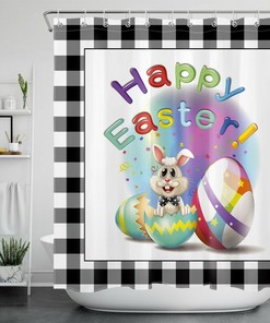 Easter Bunny Farmhouse Buffalo Plaid Shower Curtain With Cute Bunny Egg