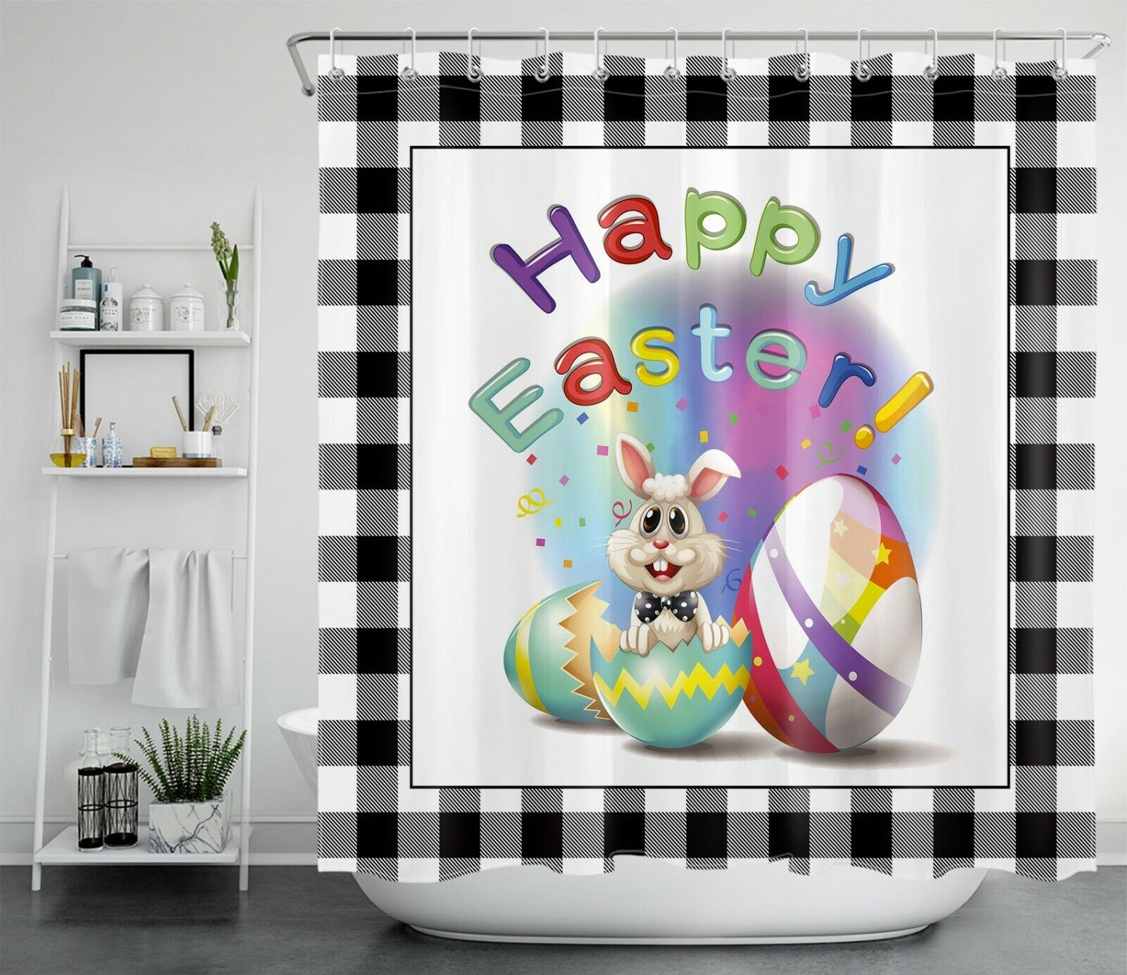 Easter Bunny Farmhouse Buffalo Plaid Shower Curtain With Cute Bunny Egg