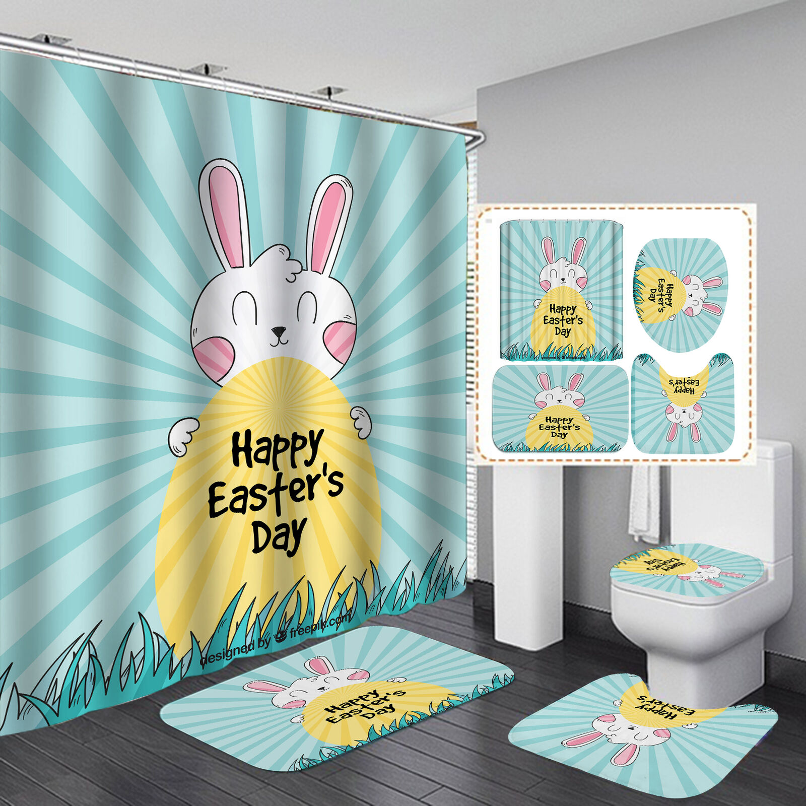 Easter Bunny & Flowers Shower Curtain - Cute Funny Rabbit Bathroom Decor