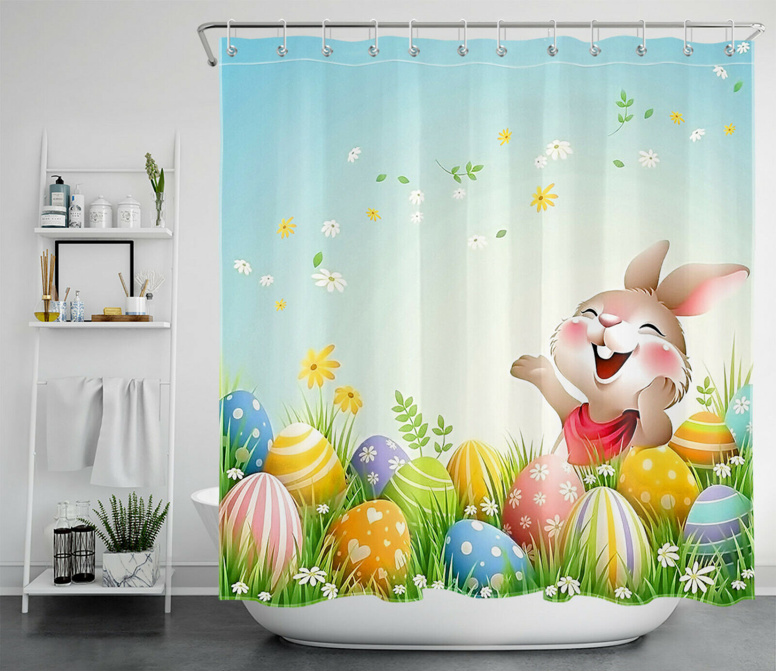 Easter Bunny Gnome Elf Shower Curtain - Colorful Bunny Eggs Decoration