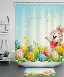 Easter Bunny Gnome Elf Shower Curtain - Colorful Bunny Eggs Decoration
