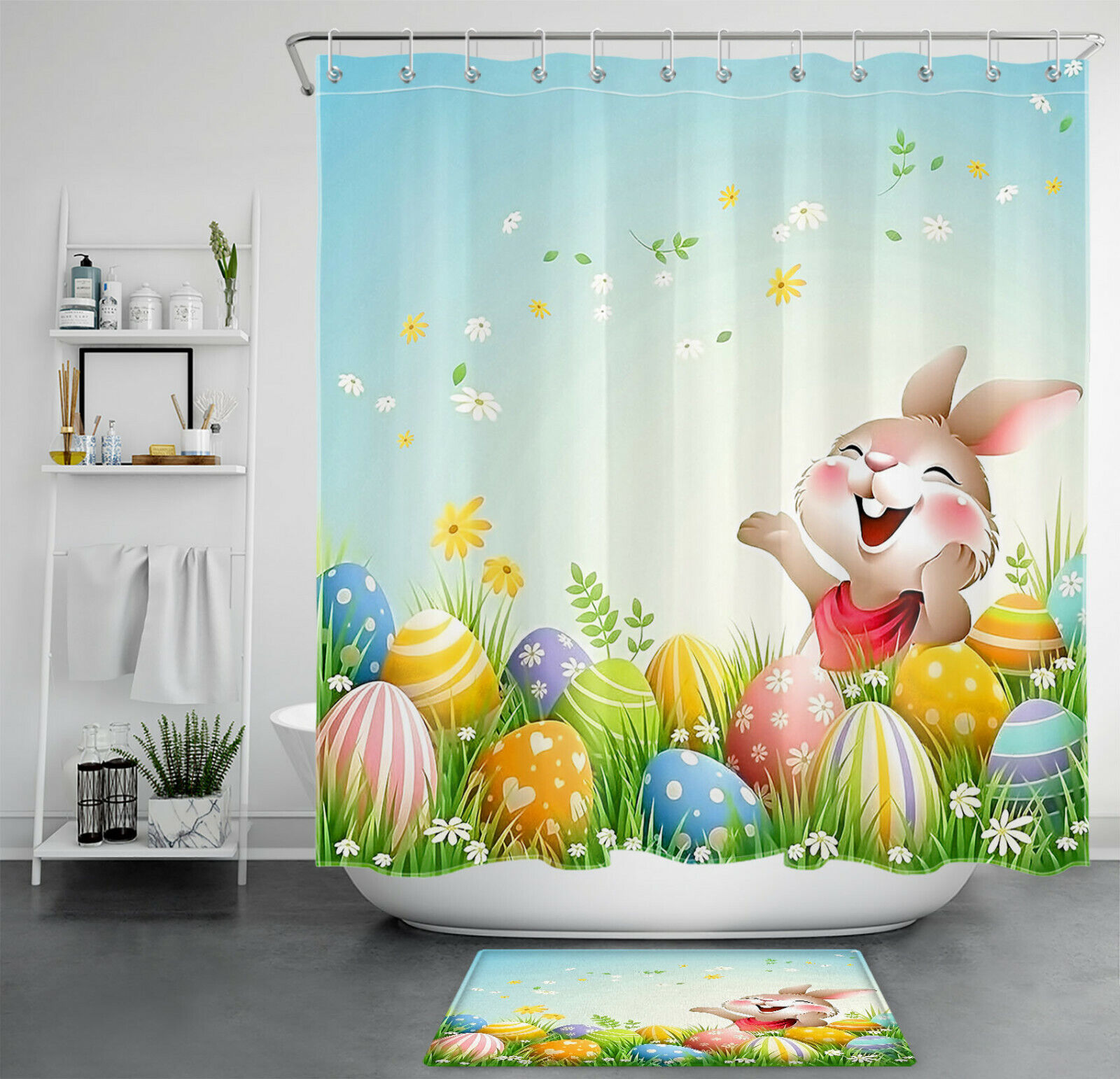 Easter Bunny Gnome Elf Shower Curtain - Colorful Bunny Eggs Decoration