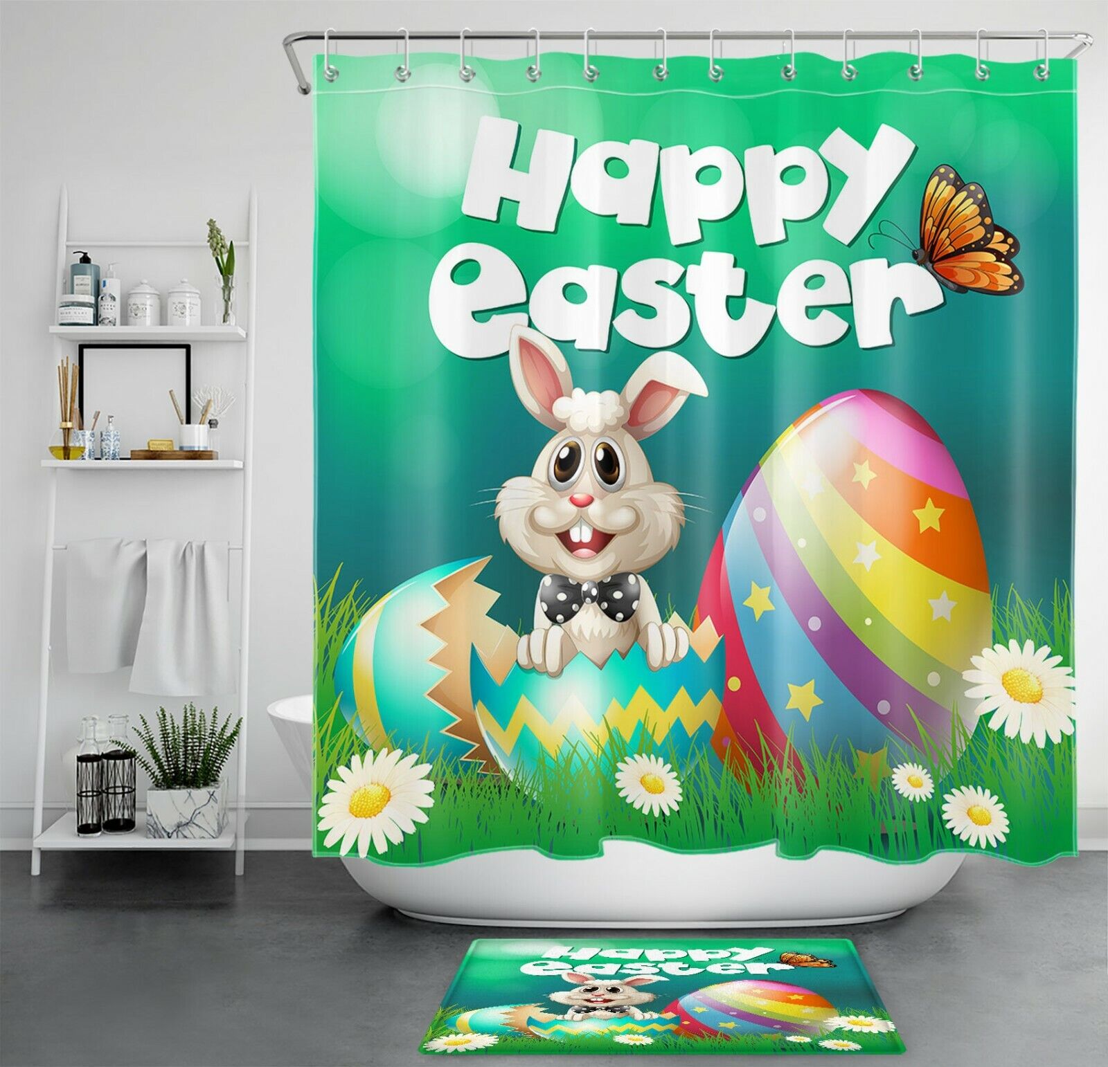 Easter Bunny Gnome Shower Curtain - Cute Farmhouse Bathroom Decor