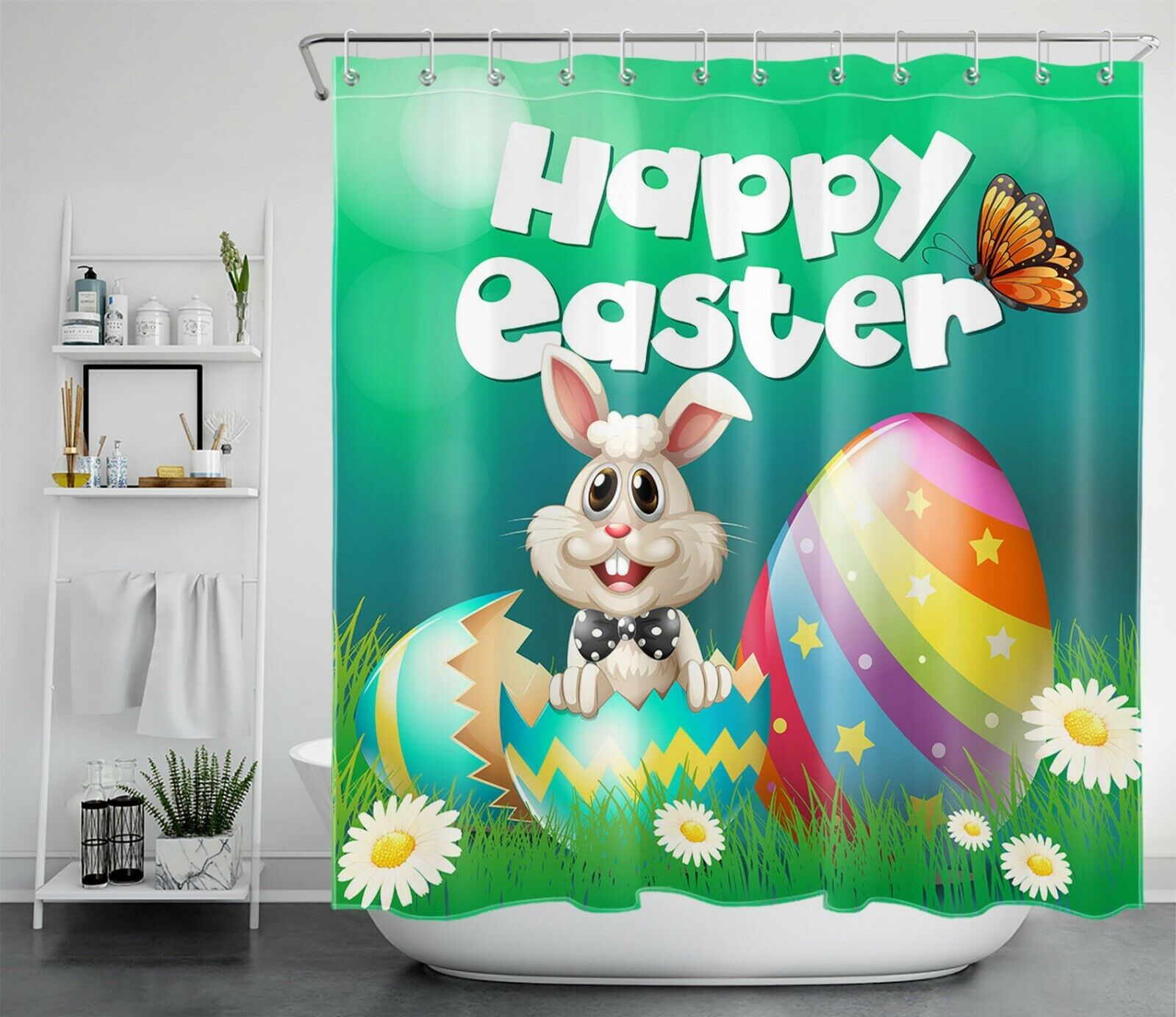Easter Bunny Gnome Shower Curtain - Cute Farmhouse Bathroom Decor