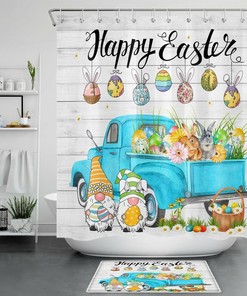 Easter Bunny Gnome Truck Shower Curtain Rustic Board Bathroom Decorations