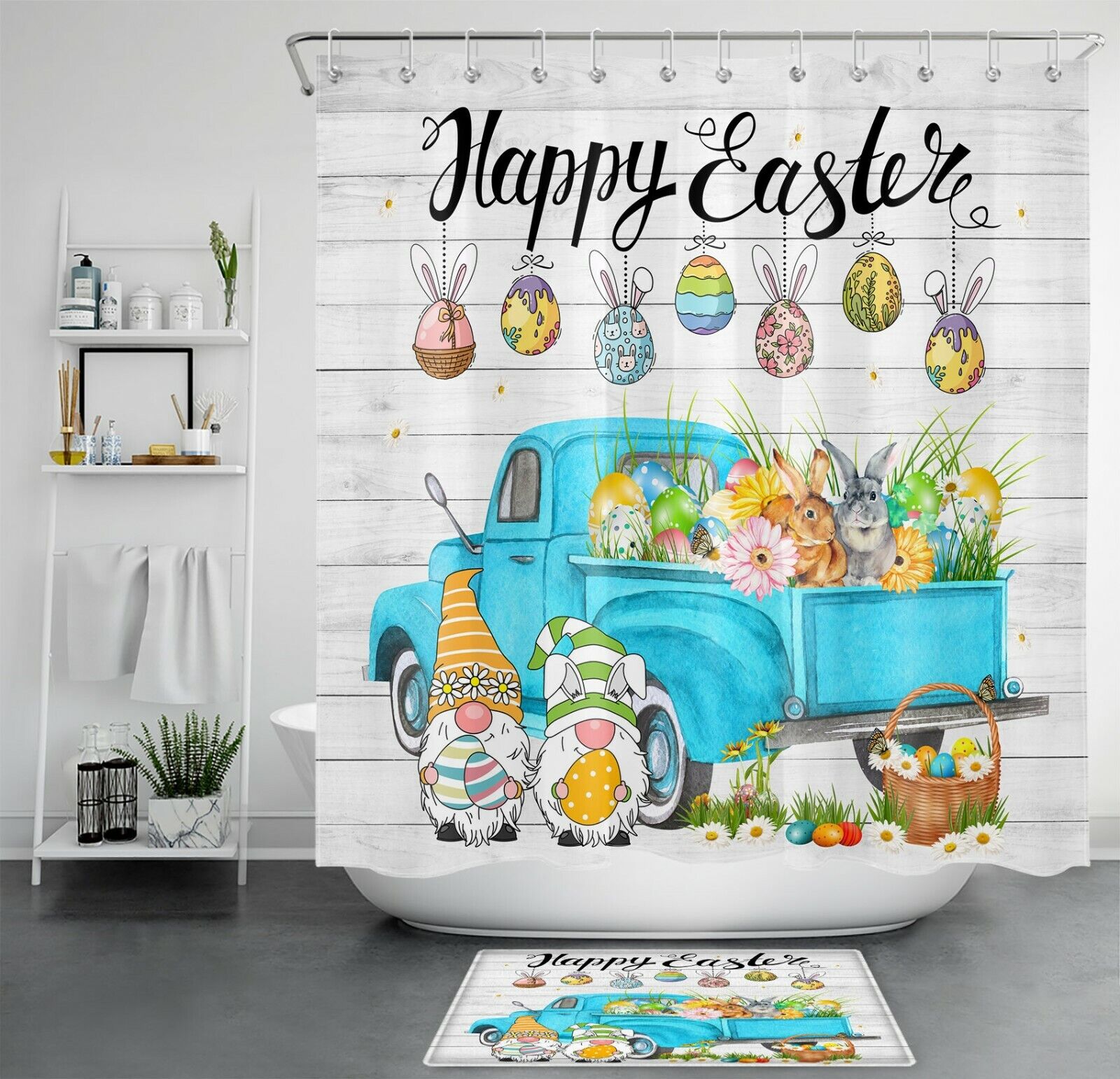 Easter Bunny Gnome Truck Shower Curtain Rustic Board Bathroom Decorations